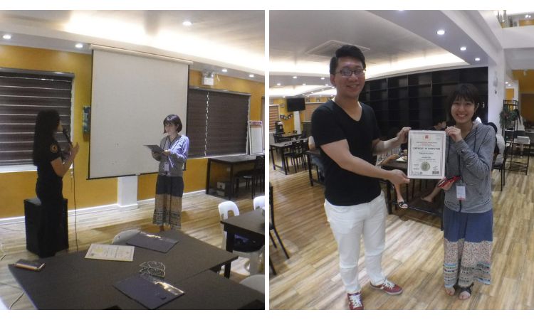フィリピン留学Hubから留学した学生のセレモニーの様子とシンさんとのツーショット