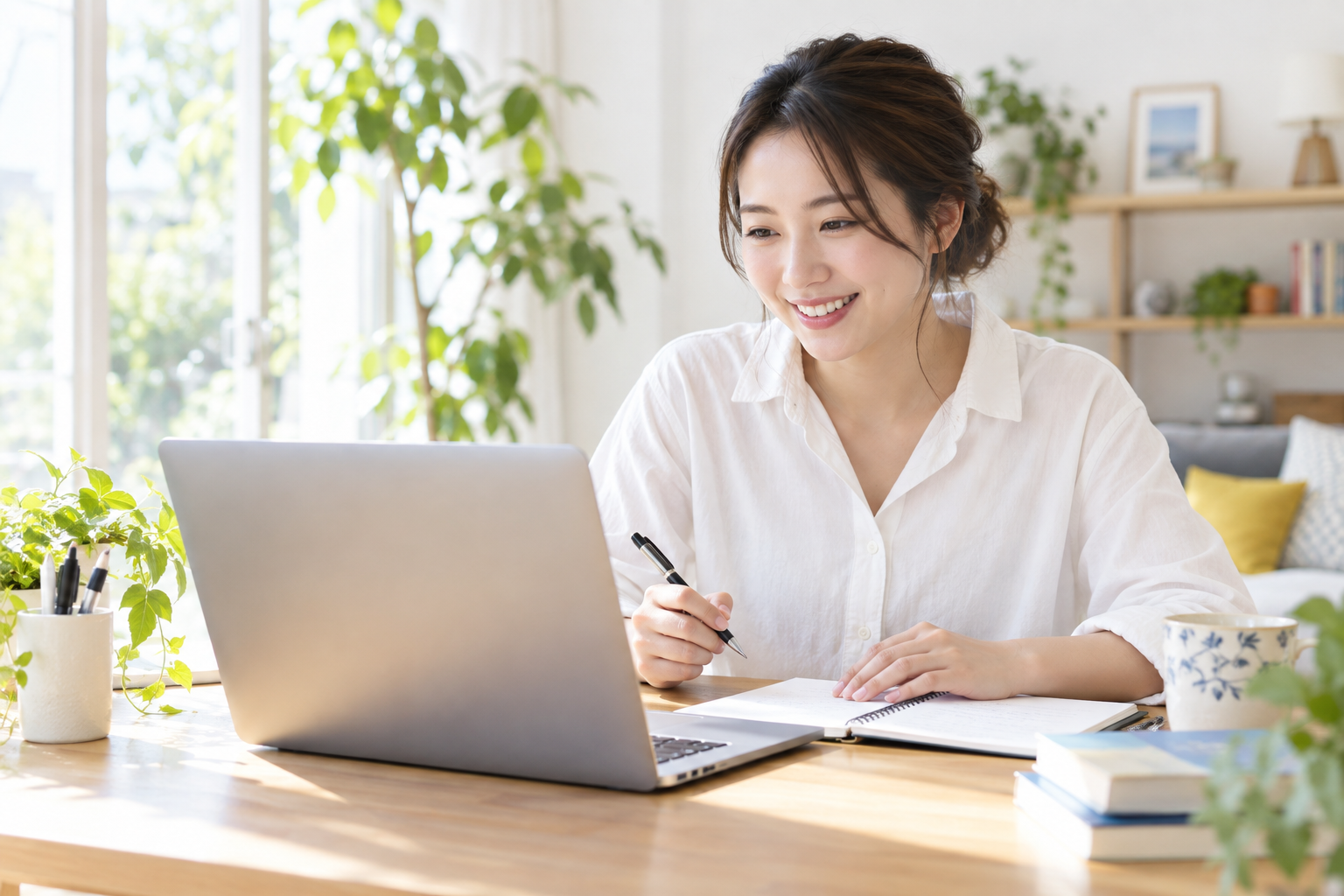 自宅でオンラインの授業を受ける女性のイメージ