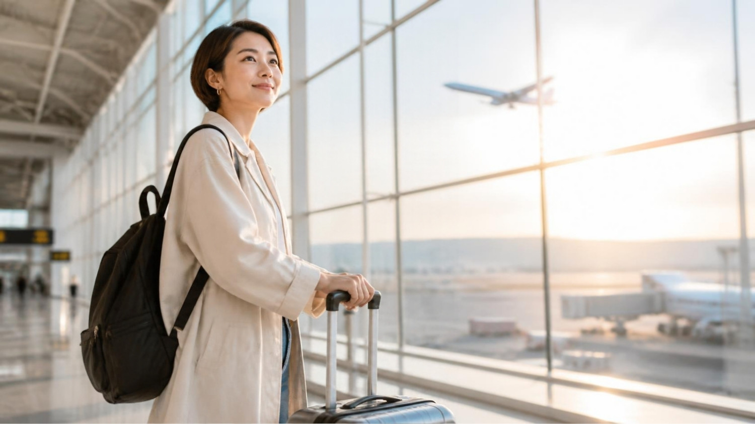 スーツケースを持って空港で飛行機を見つめる30代の女性