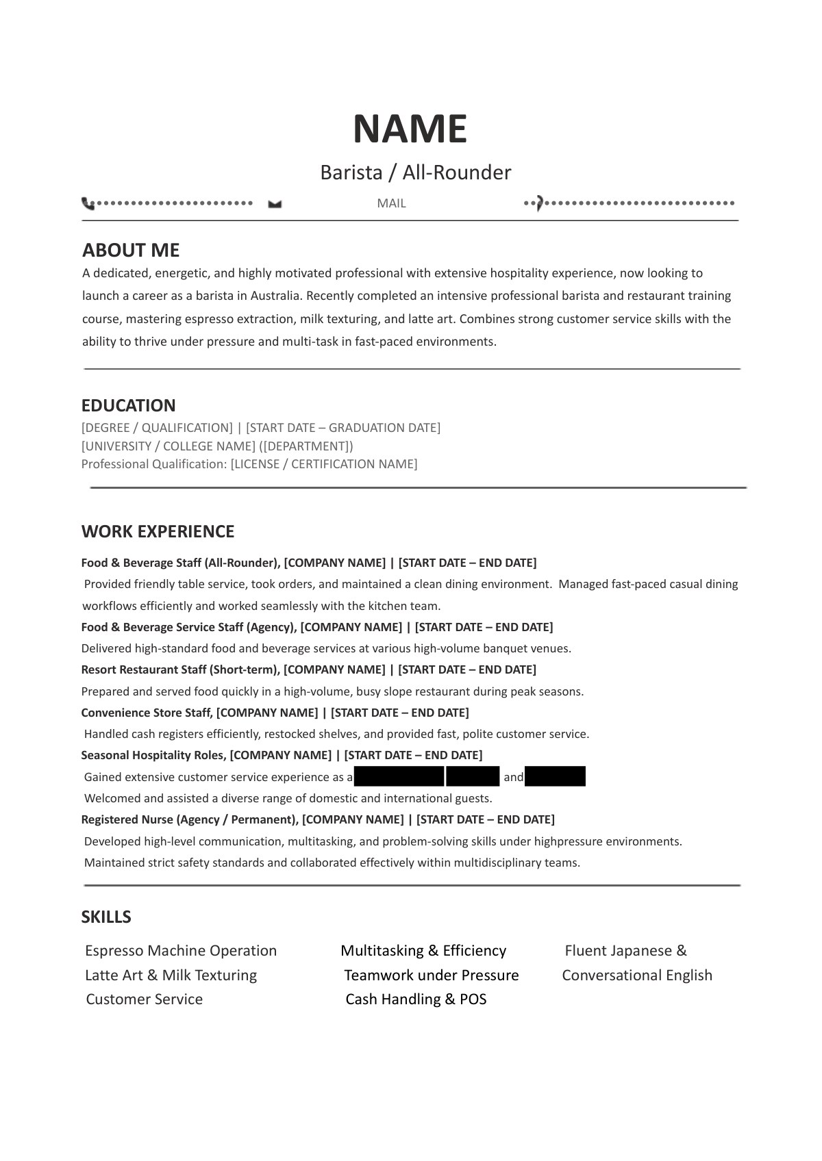 ワーホリの英文履歴書の見本2。Barista / All-Rounder の見出しと ABOUT ME・SKILLS の欄がある形