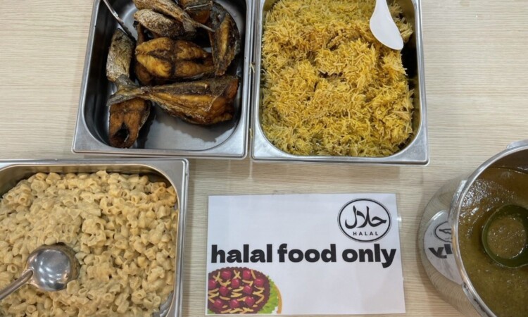 3D Academyのハラル対応の食事。魚のフライとピラフ、halal food onlyの表示