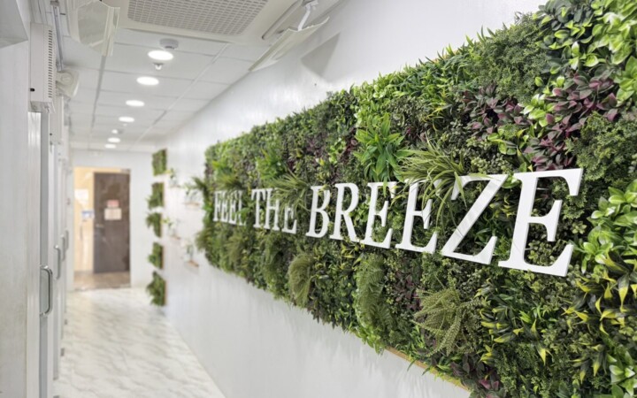 I.BREEZE プライム校の教室フロアの壁面緑化「Feel the Breeze」